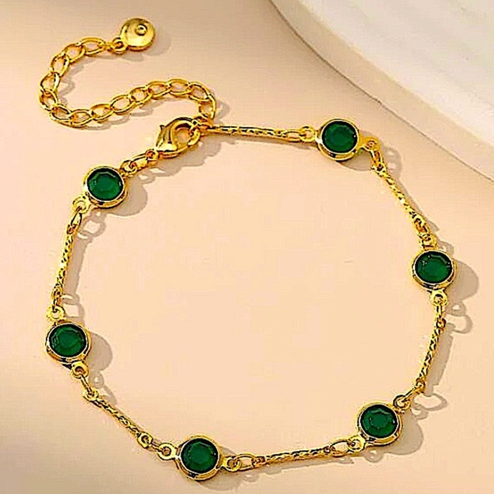 Gold Plated Stainless Steel Bracelet Emerald Green Bezel Set Waterproof Jewelry